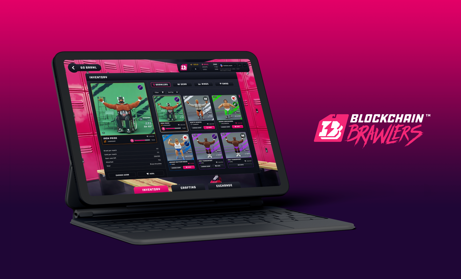 Blockchain Brawlers game interface on a tablet